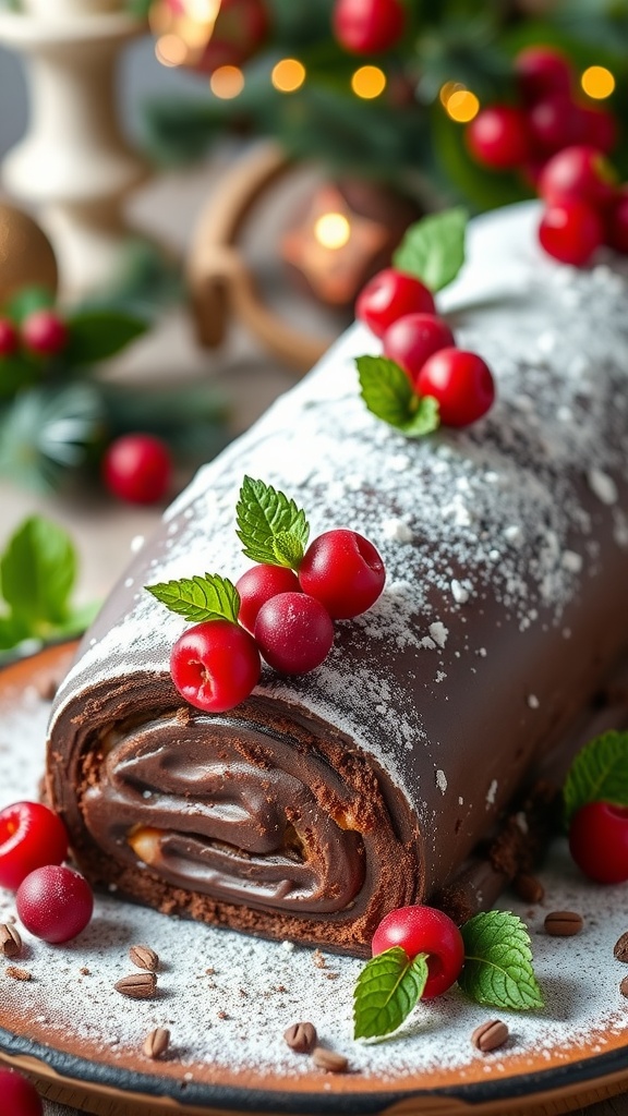 Vegan chocolate yule log dessert with powdered sugar, berries, and mint leaves on a festive background.